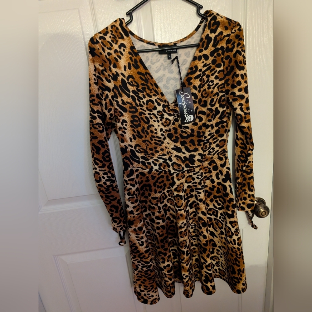 Sourpuss Black and Tan Fit and Flare Long Sleeve Dress